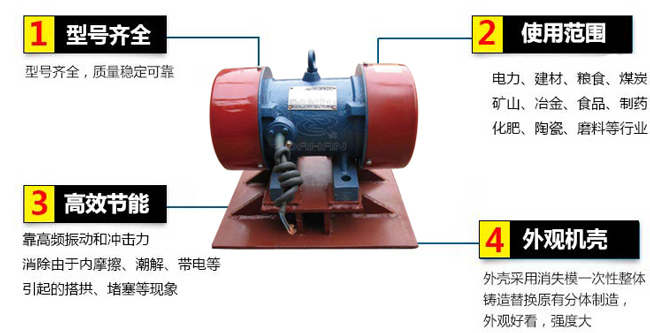 lzf倉壁振動器：1，型號齊全：型號齊全，質(zhì)量穩(wěn)定可靠。2，適用范圍：電力，建材，糧食，煤炭，礦山，冶金，食品，制藥，化肥，陶瓷，磨料等行業(yè)。3，高效：靠高頻振動和沖擊力消除由于內(nèi)摩擦，潮解，帶電等引起的塔供，堵塞等現(xiàn)象。4，外觀機殼：外殼采用消失模一次性整體鑄造替換原有分體制造，外觀好看，強度大。