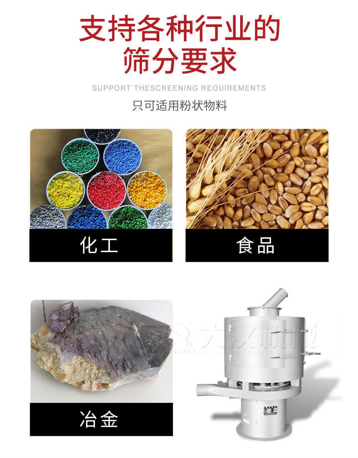 氣流篩用于礦粉，石墨粉，活性納米碳酸鈣，鋁灰，大豆粉，碳酸重鈣，石墨粉，木粉，干草，重金石粉，藥粉末，橡膠顆粒，草酸鹽，干料粉，木粉，聚酯粉，干粉，塑料，金屬粉末，橡膠粉，粉煤灰，石墨粉，陶瓷粉，鋅粉，石英粉，石灰粉，鐵粉，金屬硅粉等。