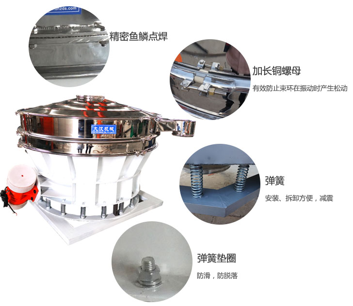 1500直排篩細節展示：彈簧，彈簧墊圈，加長銅螺母。